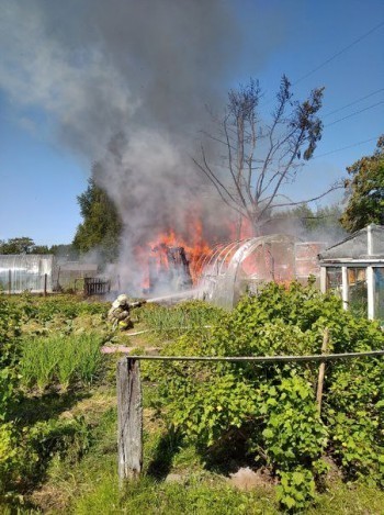 Баня и теплица горят в эти минуты на одном из участков садоводческого товарищества в Коряжме